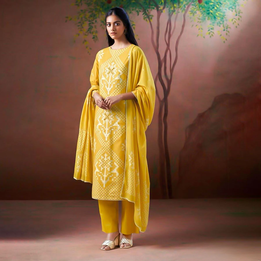 Yellow Cotton Party Wear Salwar Kameez