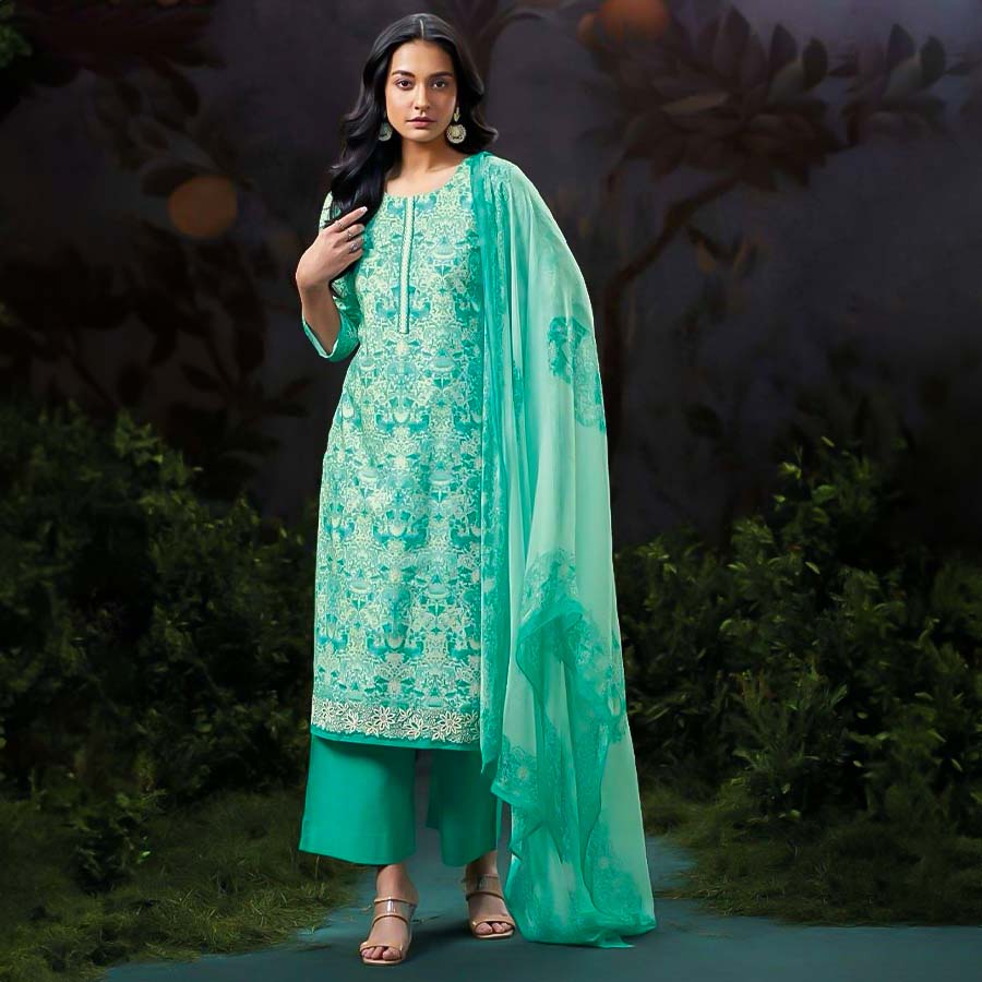 Cyan Cotton Casual Wear Salwar Kameez