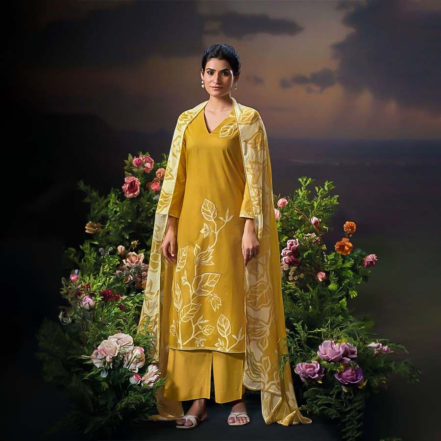 Yellow Cotton Party Wear Salwar Kameez