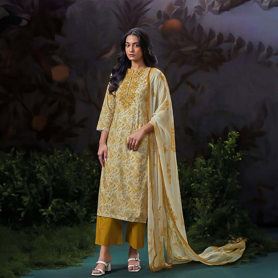 Yellow  Cotton Party Wear Salwar Kameez