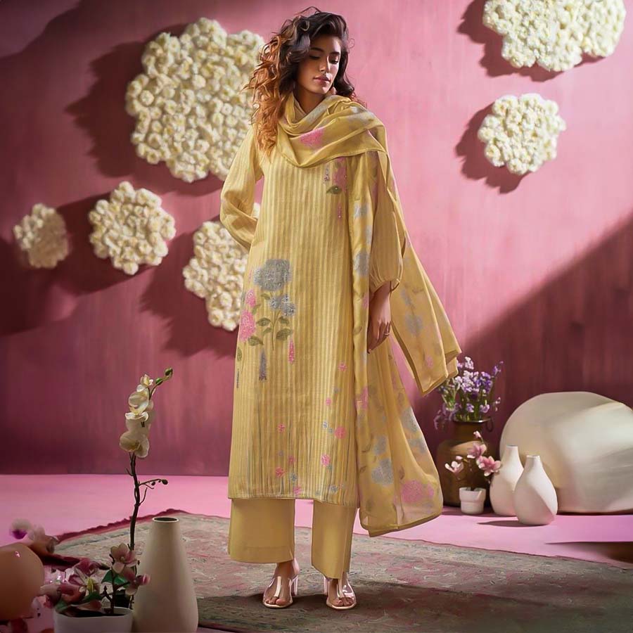 Yellow  Linen Party Wear Salwar Kameez