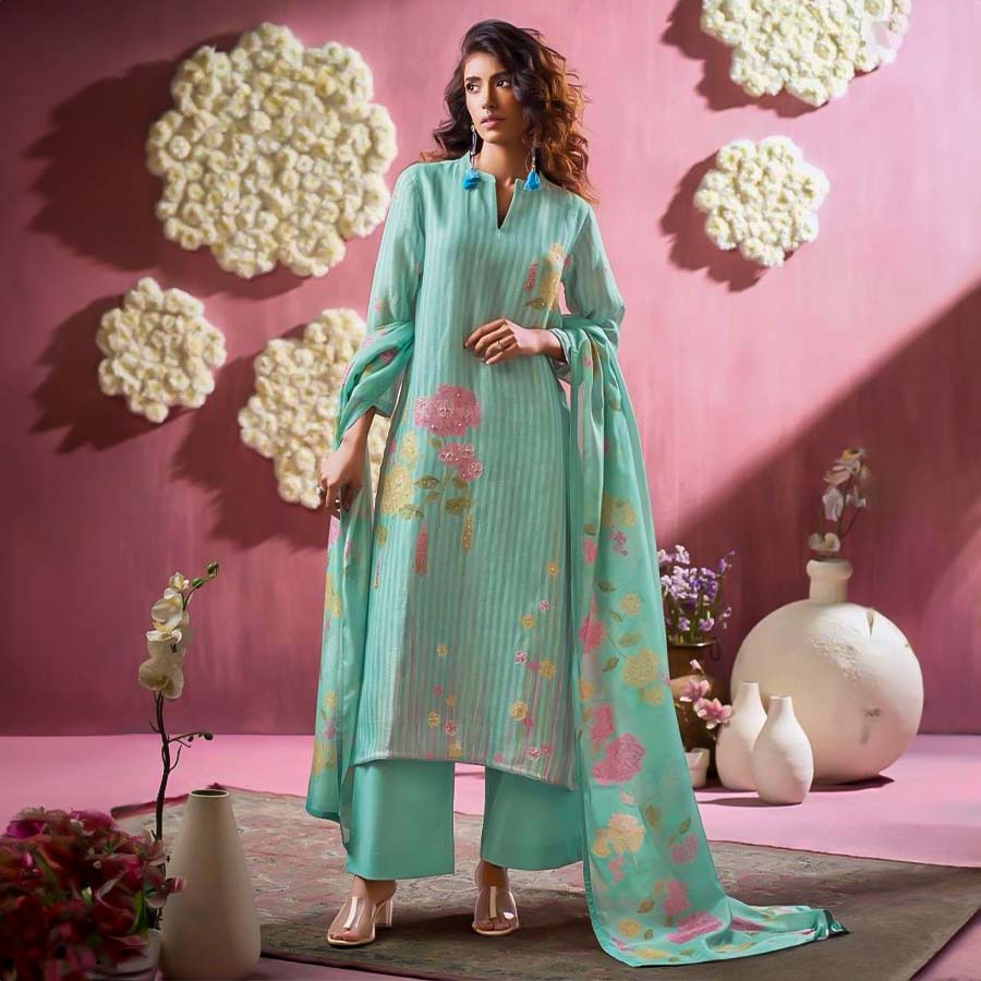 Cyan Linen Party Wear Salwar Kameez