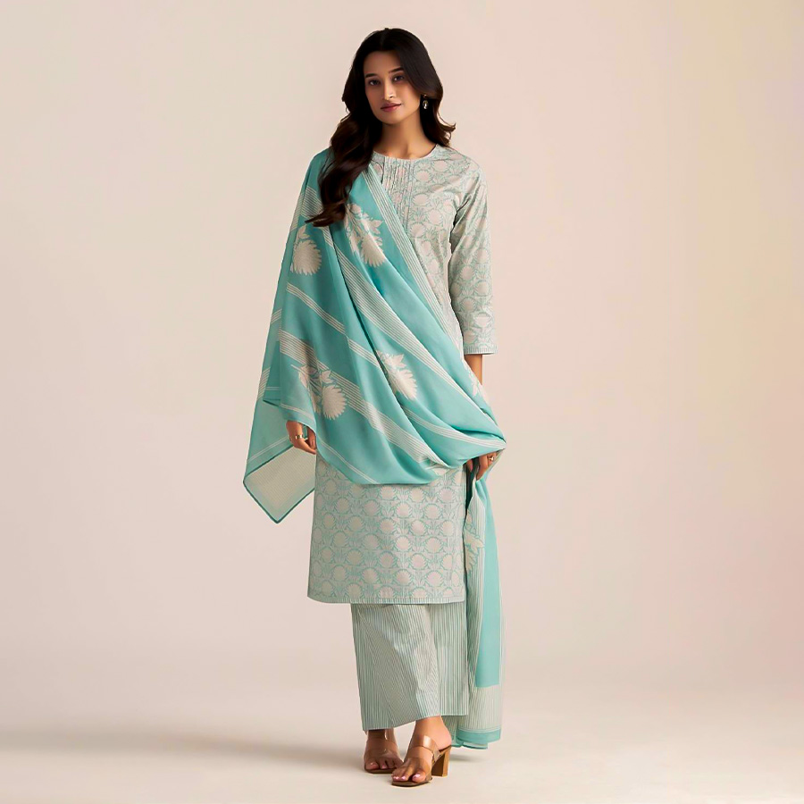 Sky Blue Cotton Casual Wear Salwar Kameez