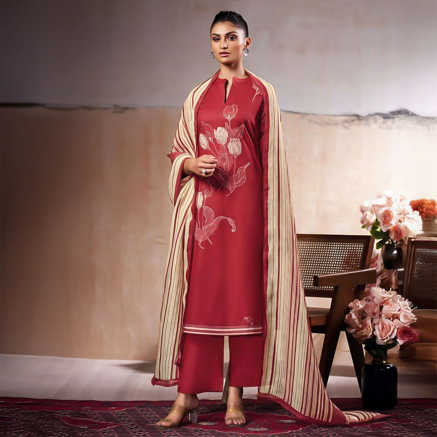 Red Cotton Party Wear Salwar Kameez