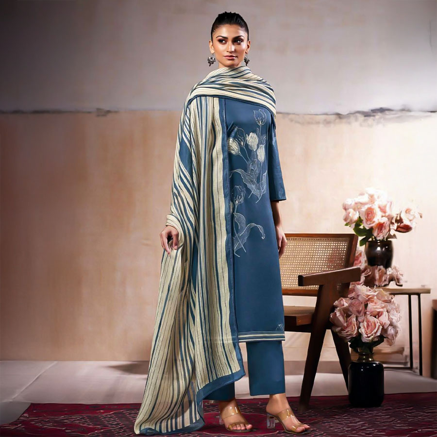 Blue Cotton Party Wear Salwar Kameez