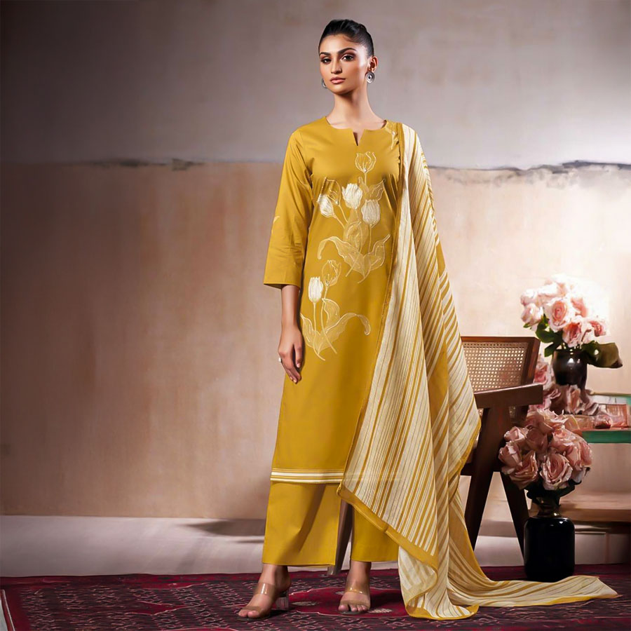 Yellow Cotton Party Wear Salwar Kameez