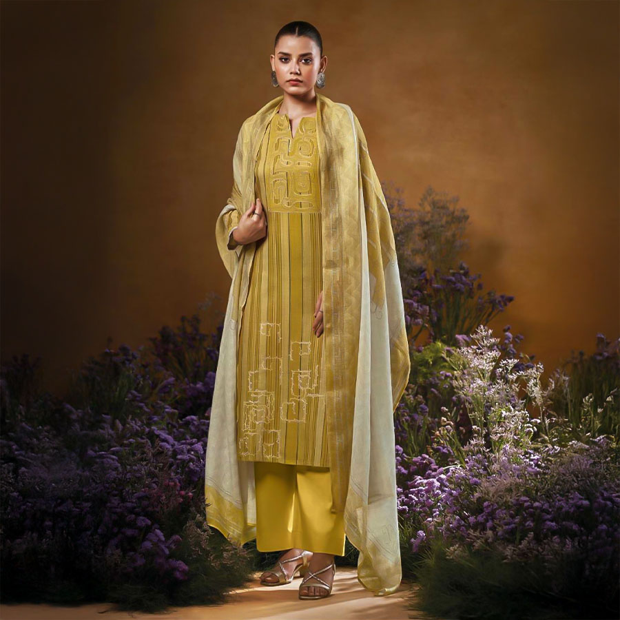 Yellow Cotton Party Wear Salwar Kameez