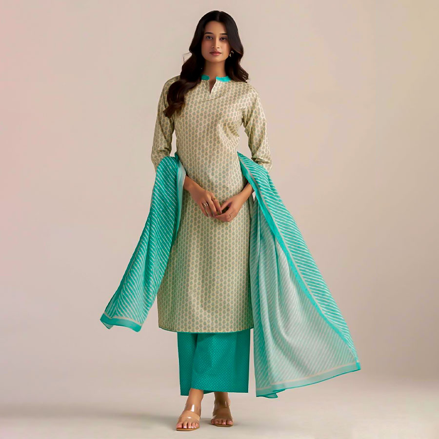 Cyan Cotton Casual Wear Salwar Kameez