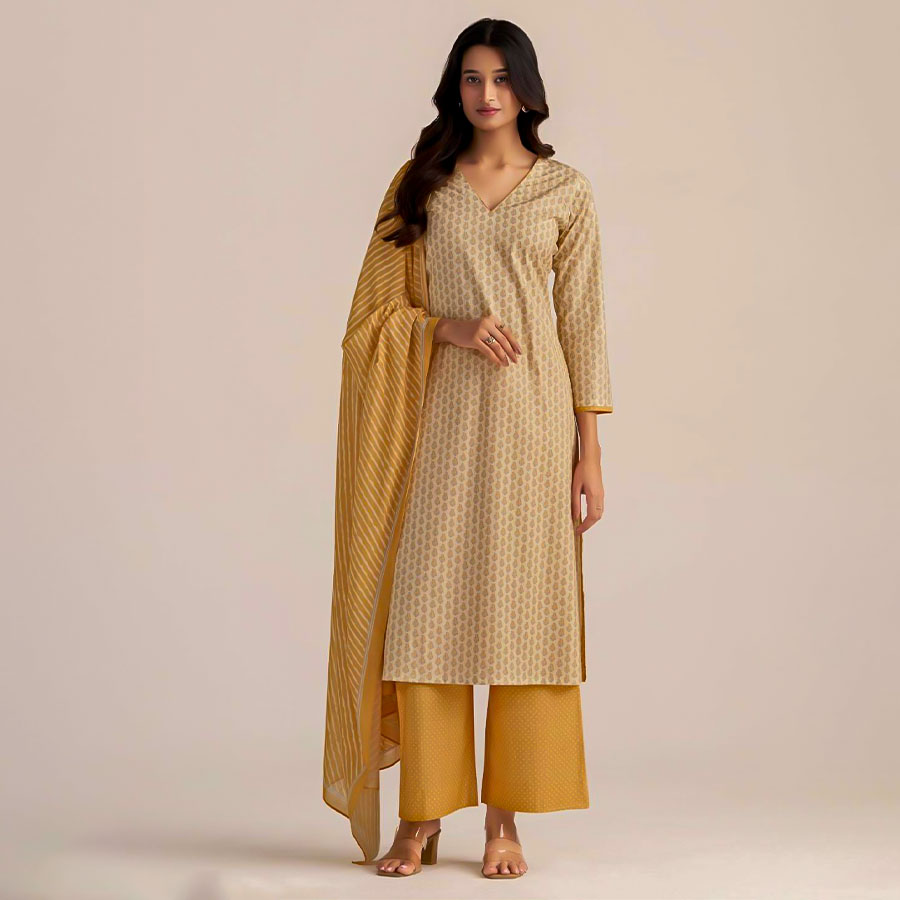 Yellow  Cotton Casual Wear Salwar Kameez