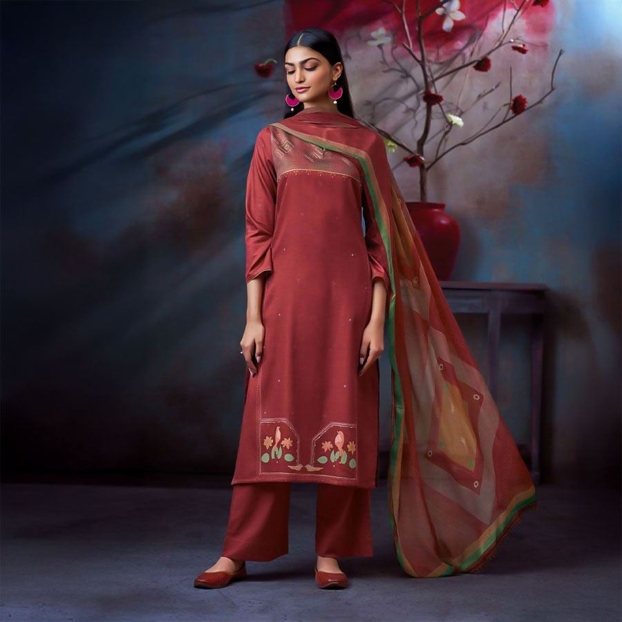 Brown  Cotton Satin Casual Wear Salwar Kameez