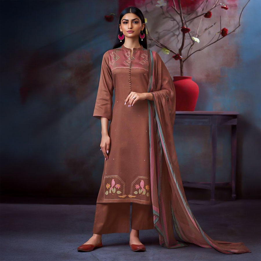 Brown  Cotton Satin Casual Wear Salwar Kameez