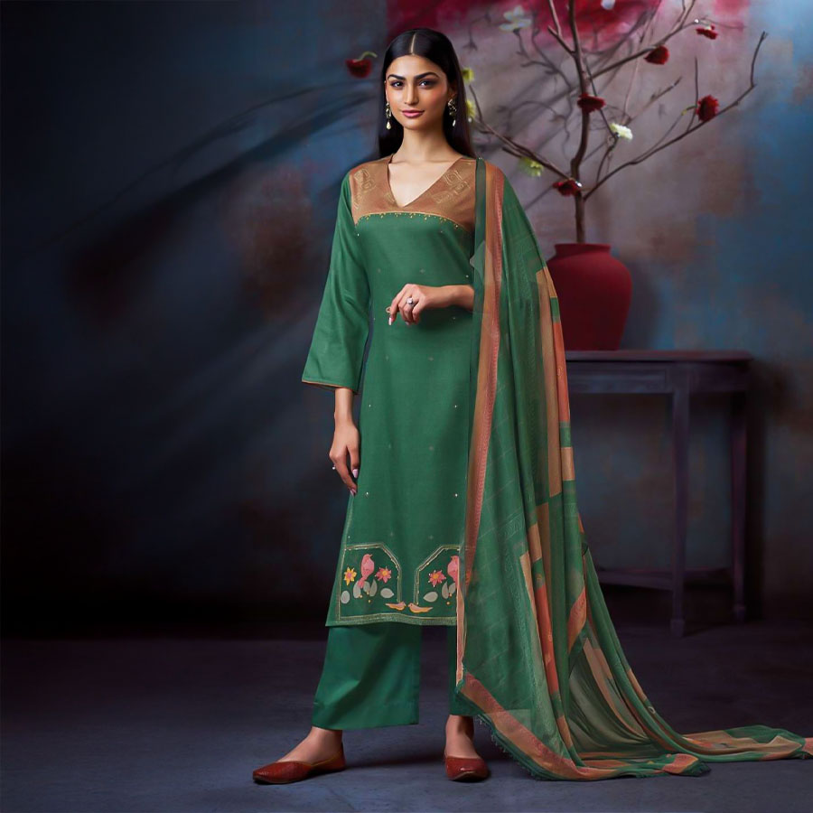 Green  Cotton Satin Casual Wear Salwar Kameez