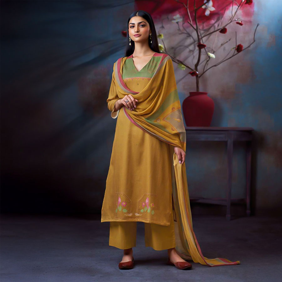 Yellow Cotton Satin Casual Wear Salwar Kameez