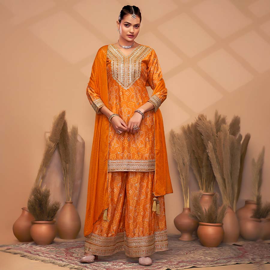 Orange  Chinon Party Wear Salwar Kameez