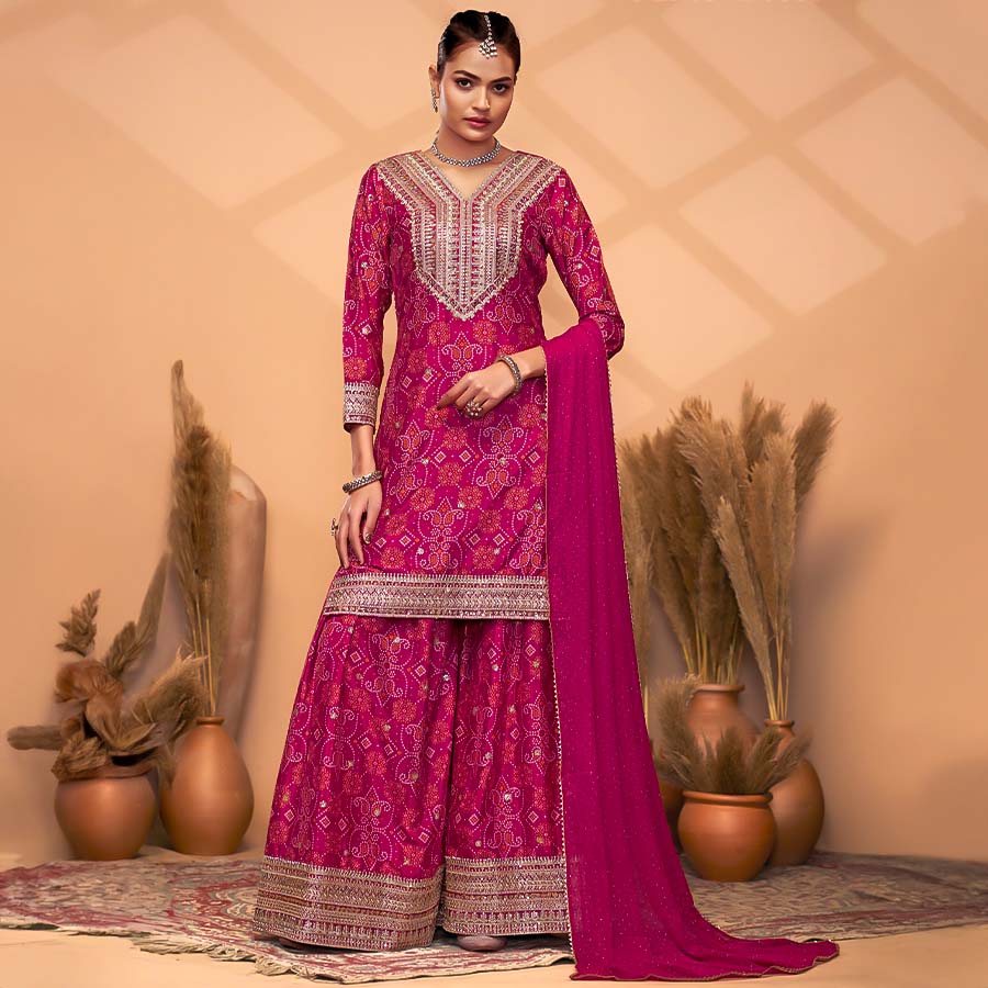 Magenta Chinon Party Wear Salwar Kameez