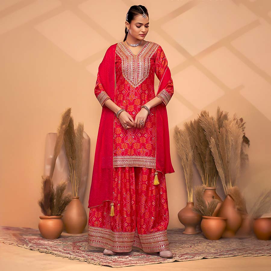 Red Chinon Party Wear Salwar Kameez