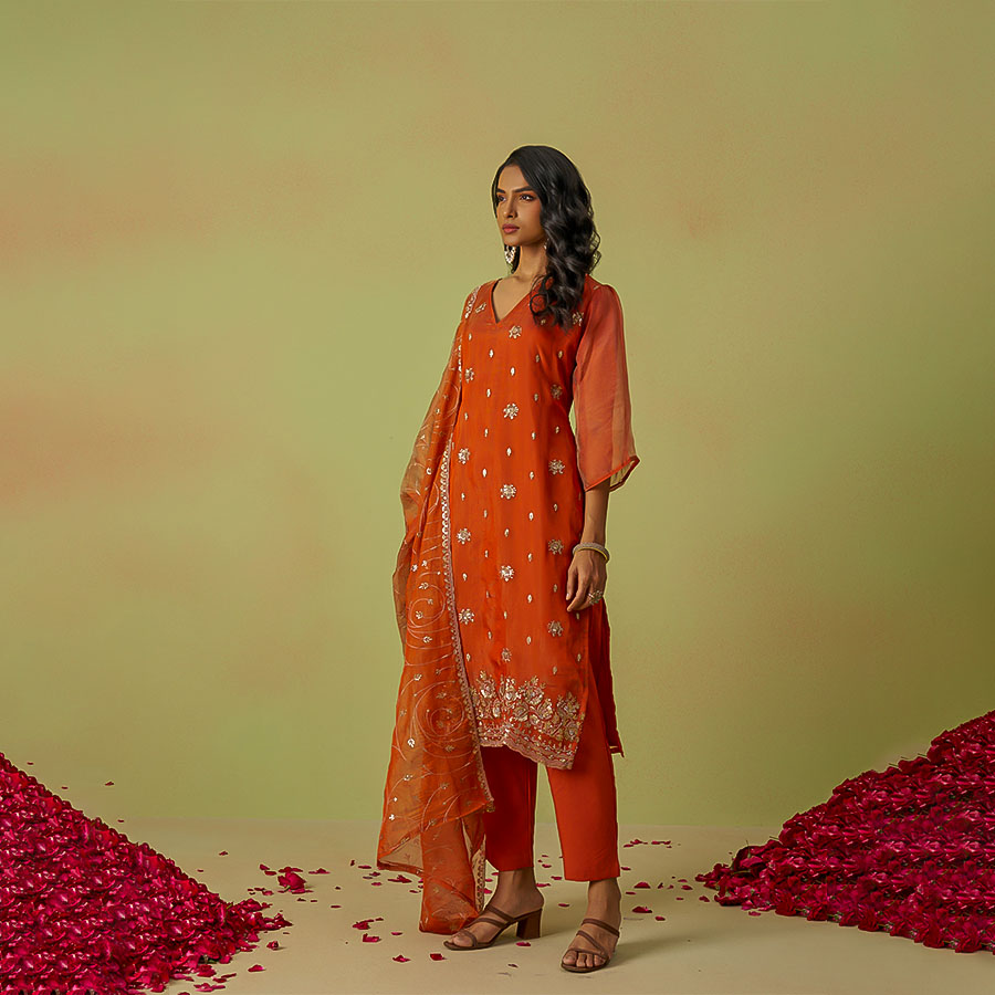 Orange Shimmer Organza Designer Kurti