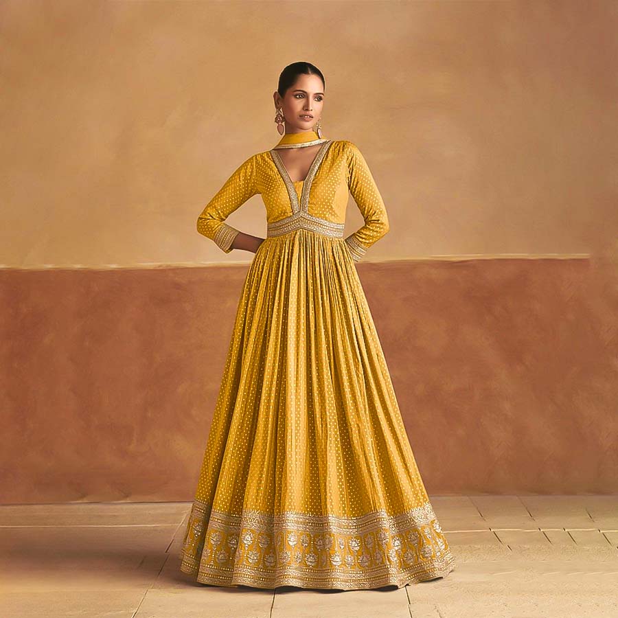 Yellow  Viscose Silk Designer Salwar Kameez