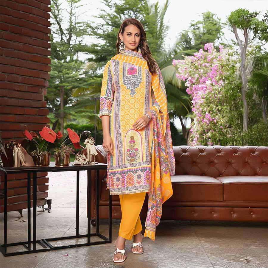 Yellow  Cotton Casual Wear Salwar Kameez
