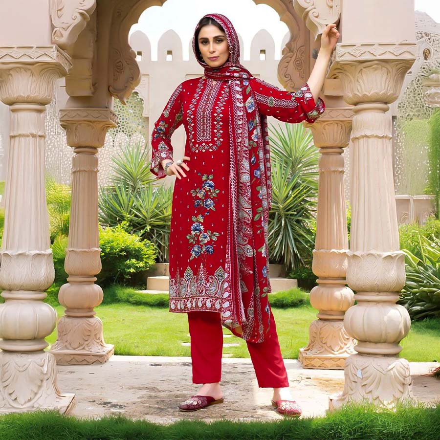 Red  Viscose Rayon Casual Wear Salwar Kameez