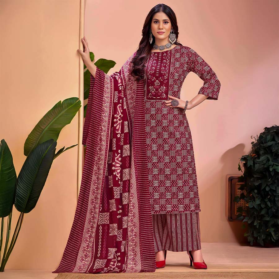 Red  Cambric Cotton Casual Wear Salwar Kameez