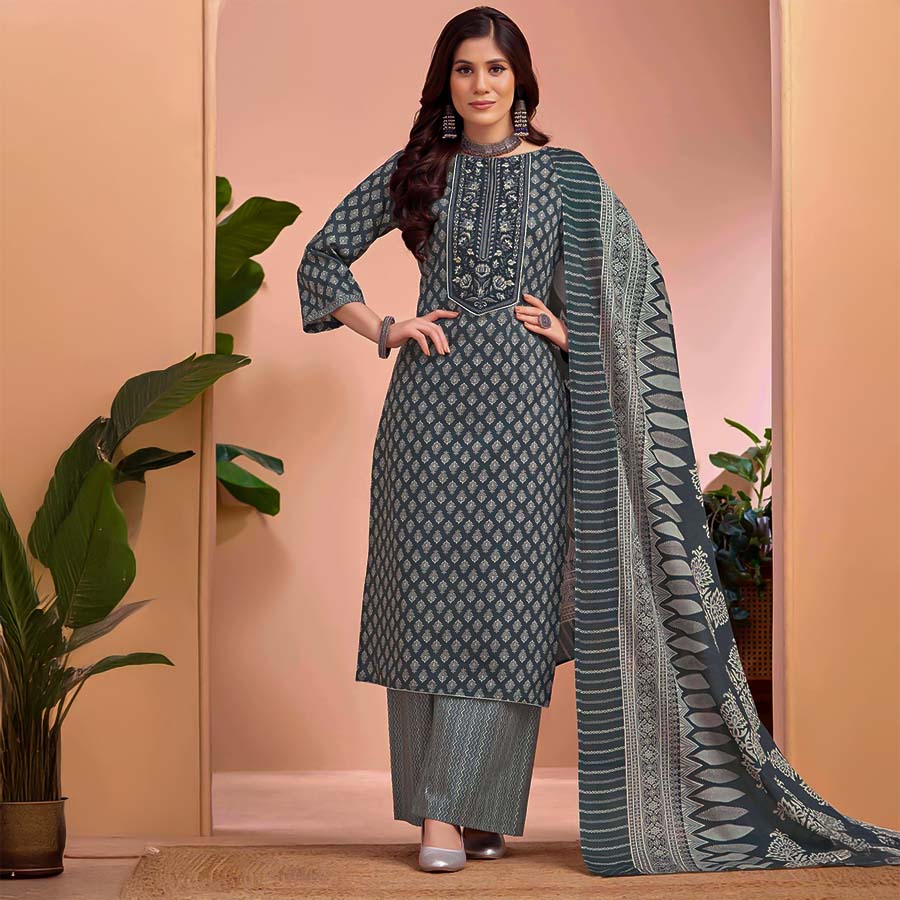 Grey Cambric Cotton Casual Wear Salwar Kameez