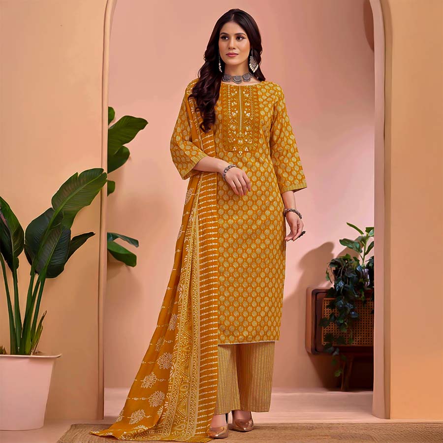 Yellow Cambric Cotton Casual Wear Salwar Kameez