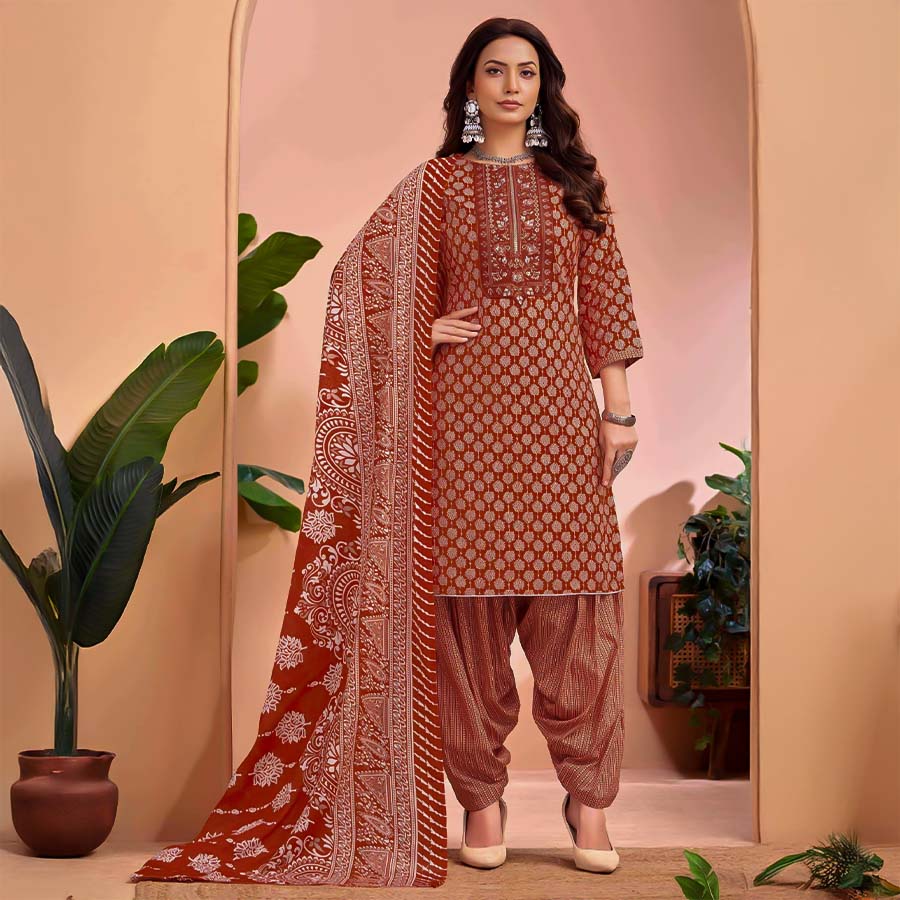 Orange Cambric Cotton Casual Wear Salwar Kameez