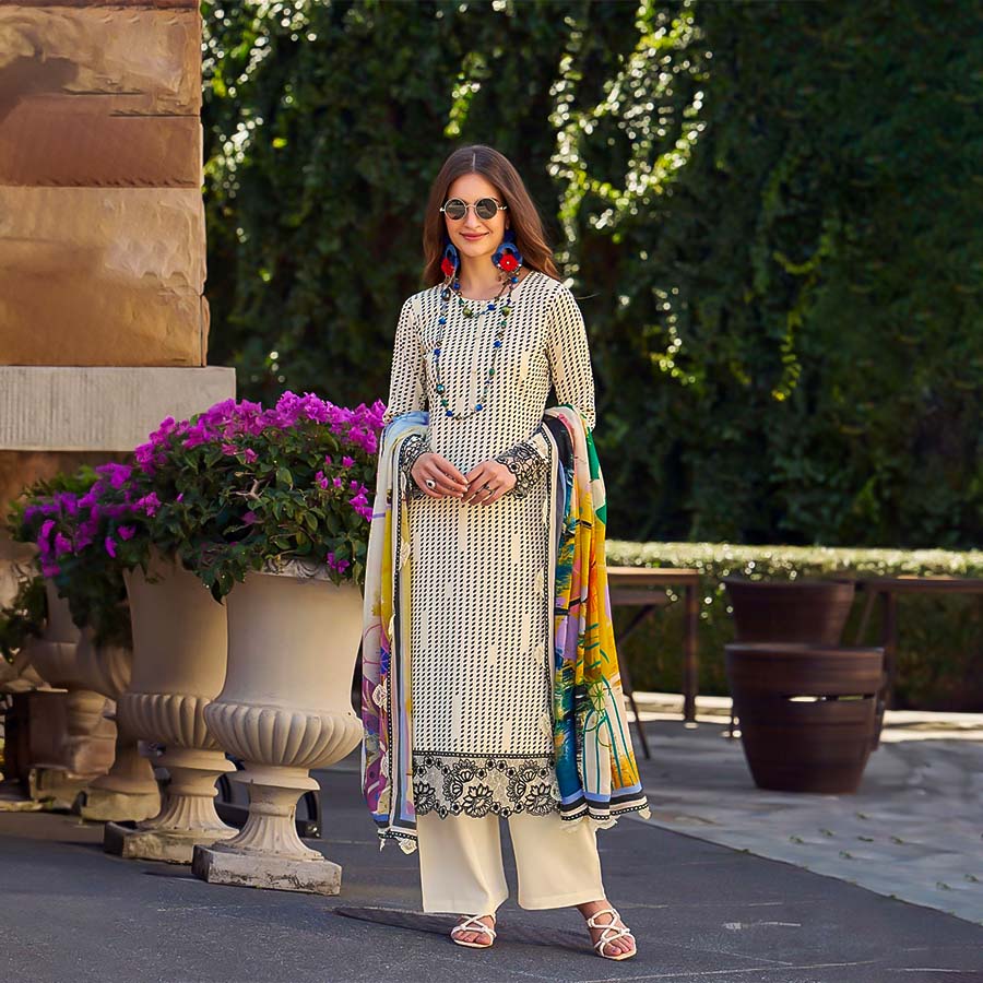 White Jam Satin Casual Wear Salwar Kameez