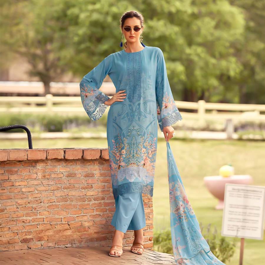 Blue Lawn Cotton Casual Wear Salwar Kameez
