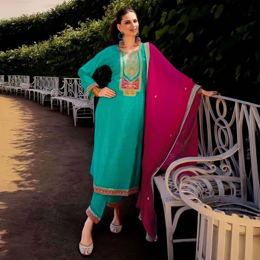 Sky Blue Bemberg Russian Silk Party Wear Salwar Kameez