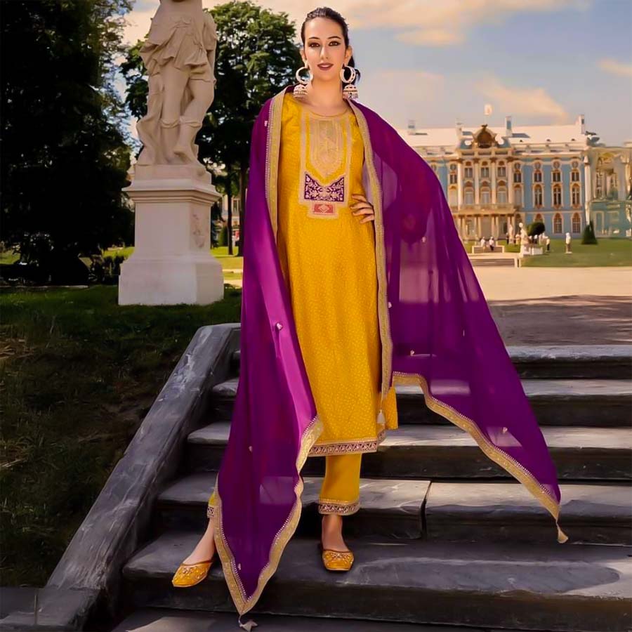 Yellow Bemberg Russian Silk Party Wear Salwar Kameez