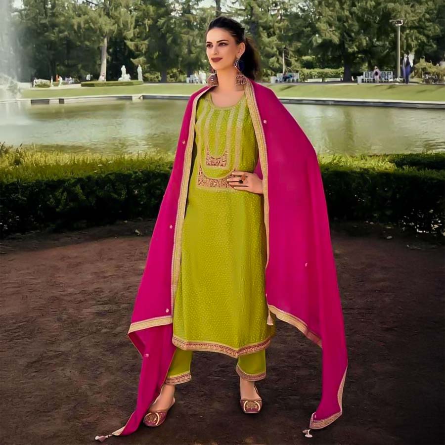Green  Bemberg Russian Silk Party Wear Salwar Kameez