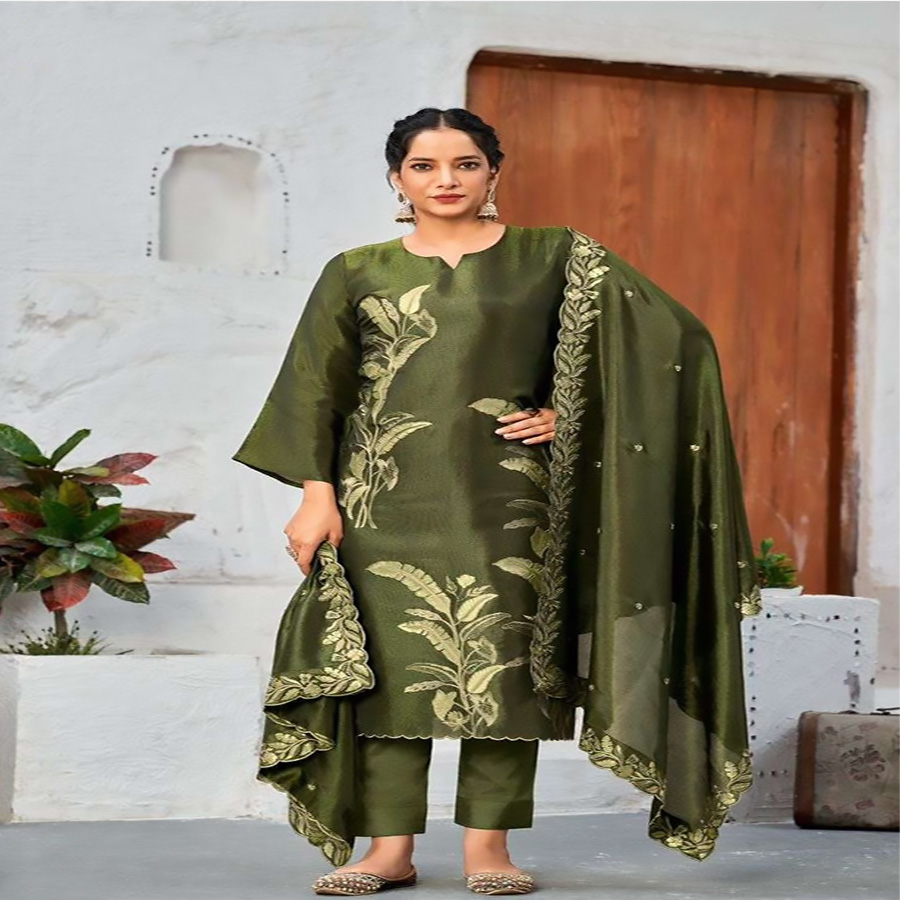 Sea green Simar silk Printed Suit