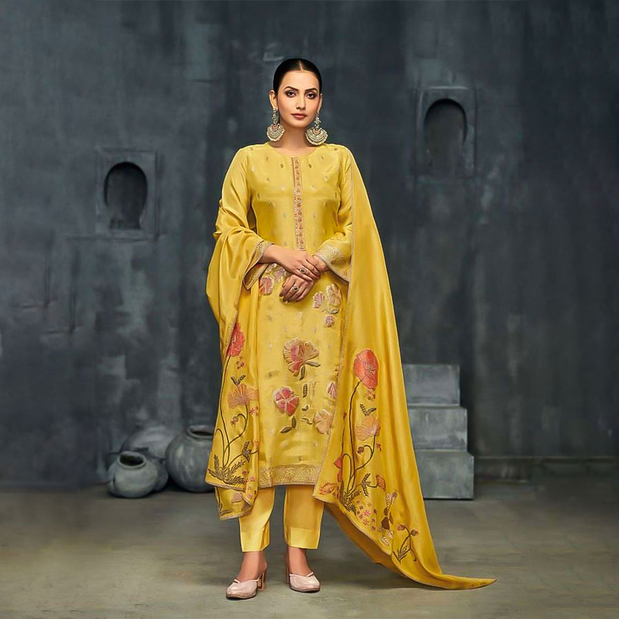 Yellow  Silk Simar Jacquard Party Wear Salwar Kameez