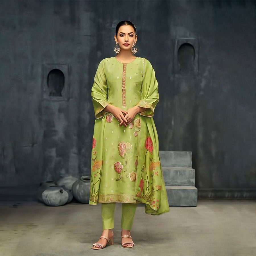 Green Silk Simar Jacquard Party Wear Salwar Kameez