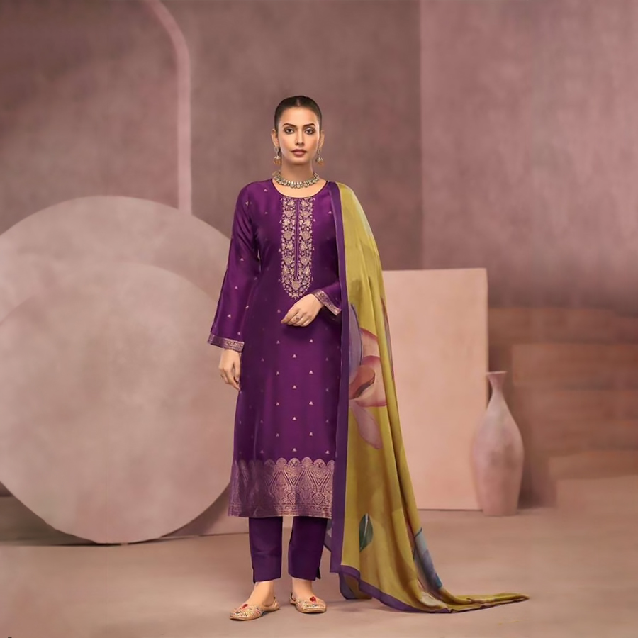 Purple SILK Partywear Suit