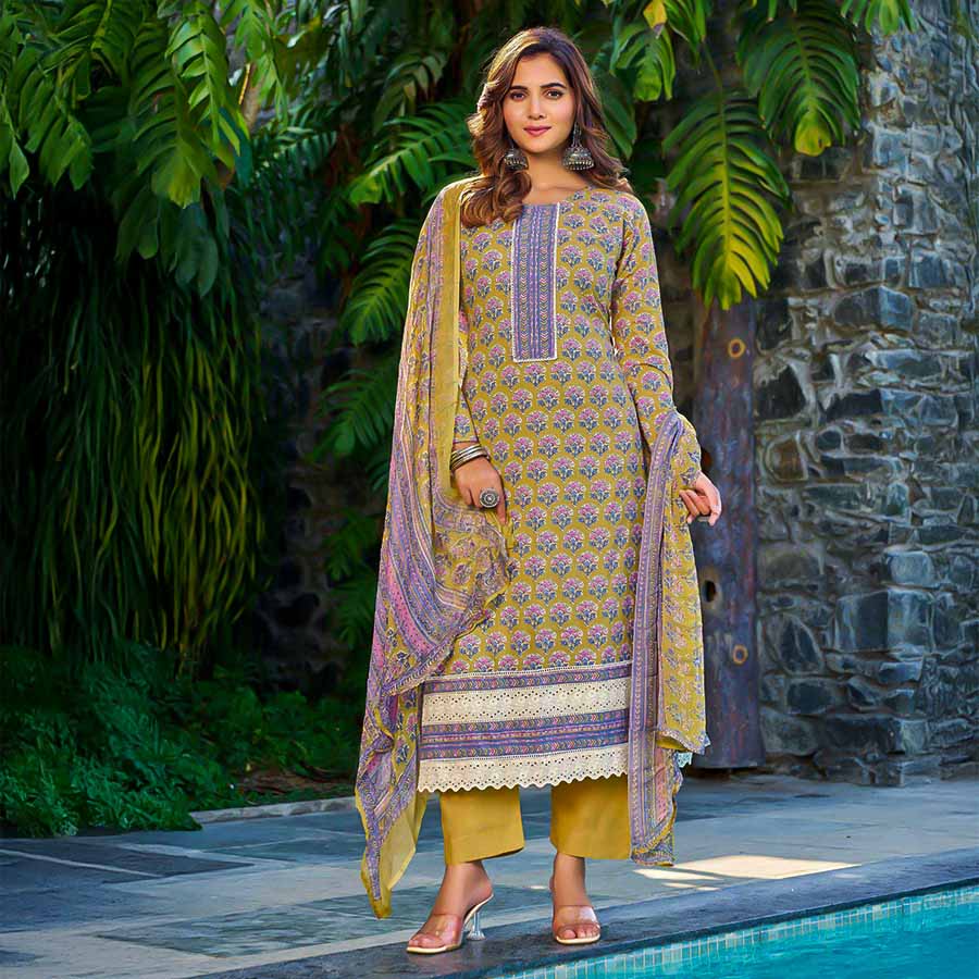 Yellow Cambric Cotton Casual Wear Salwar Kameez