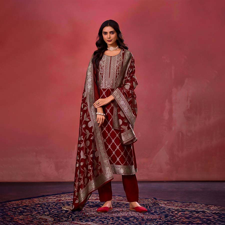 Red  Silk Jacquard Party Wear Salwar Kameez