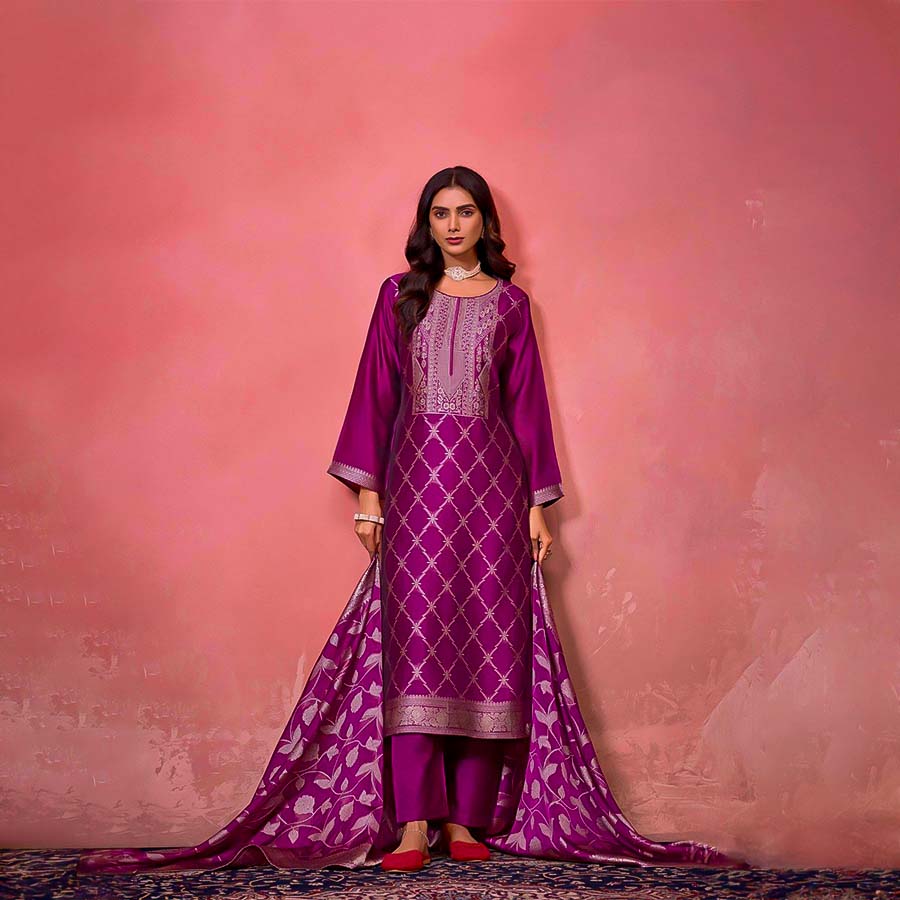 Violet Silk Jacquard Party Wear Salwar Kameez