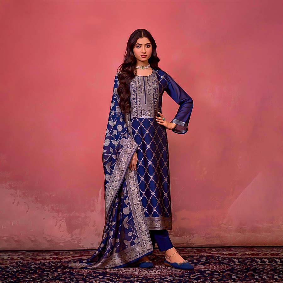 Blue Silk Jacquard Party Wear Salwar Kameez