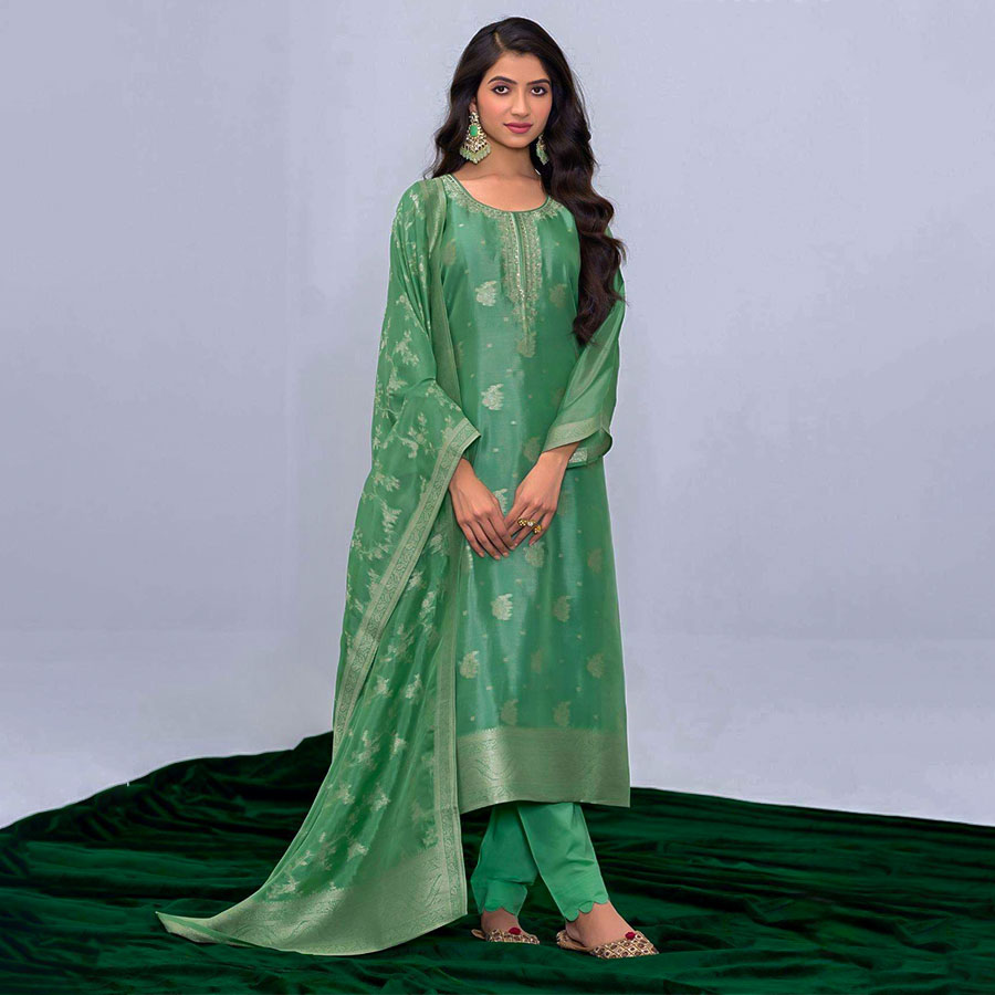 Green Kosa Silk Jacquard Party Wear Salwar Kameez