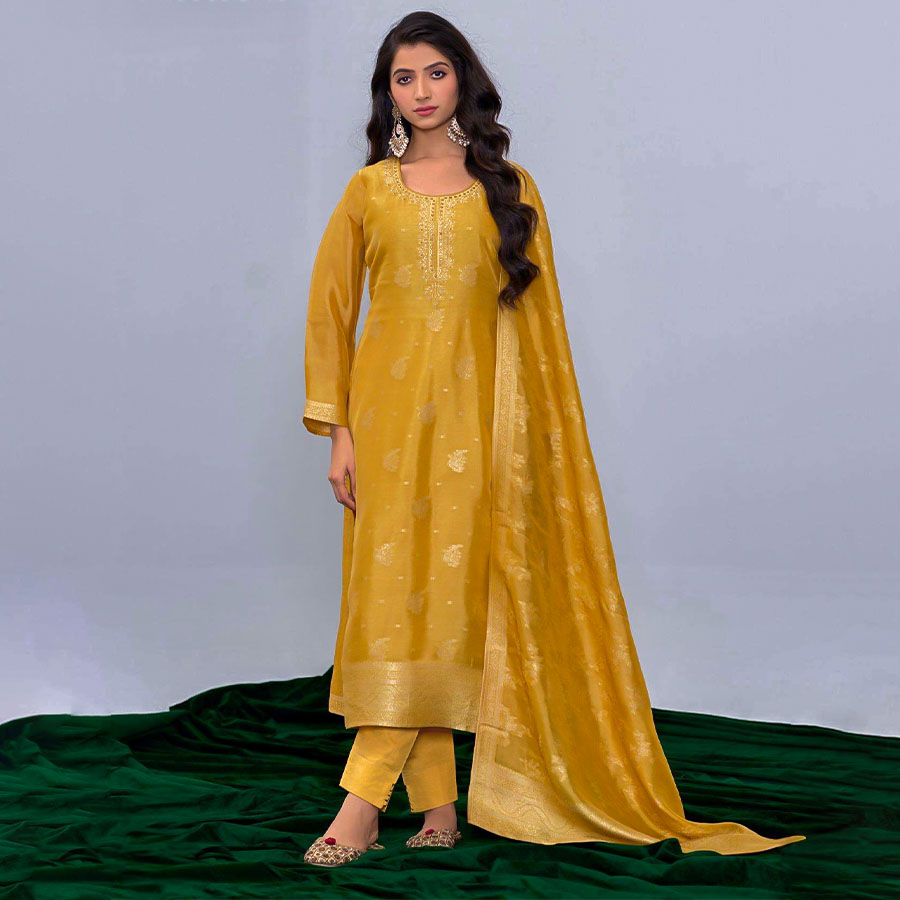 Yellow Kosa Silk Jacquard Party Wear Salwar Kameez