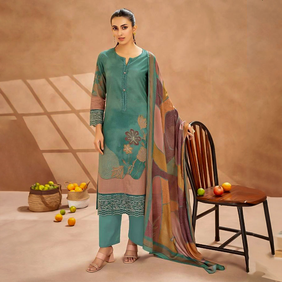 Cyan Cotton Cambric Party Wear Salwar Kameez