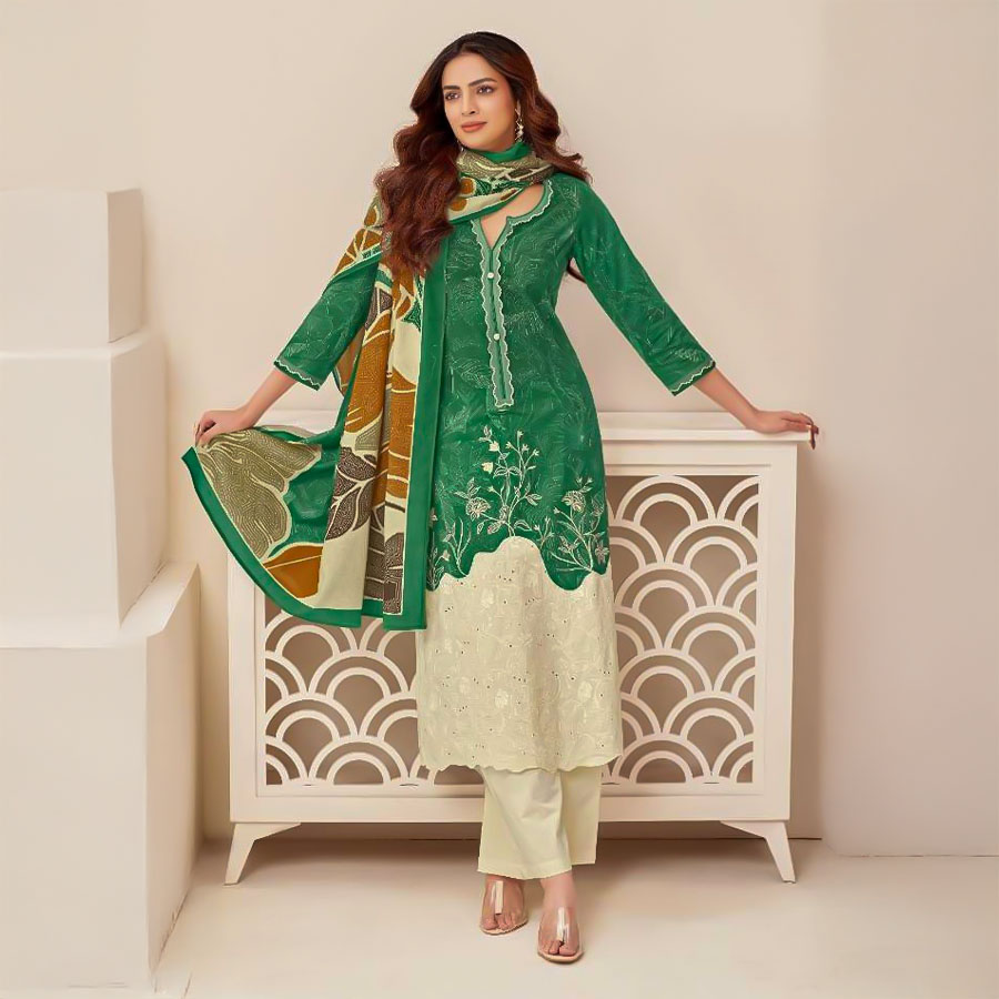 Green  Cambric Cotton Party Wear Salwar Kameez