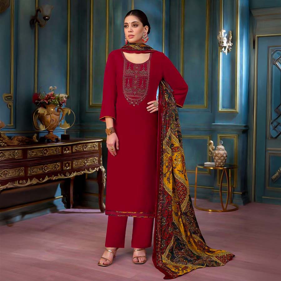 Red Rayon Casual Wear Salwar Kameez