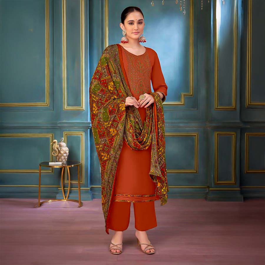 Orange Rayon Casual Wear Salwar Kameez