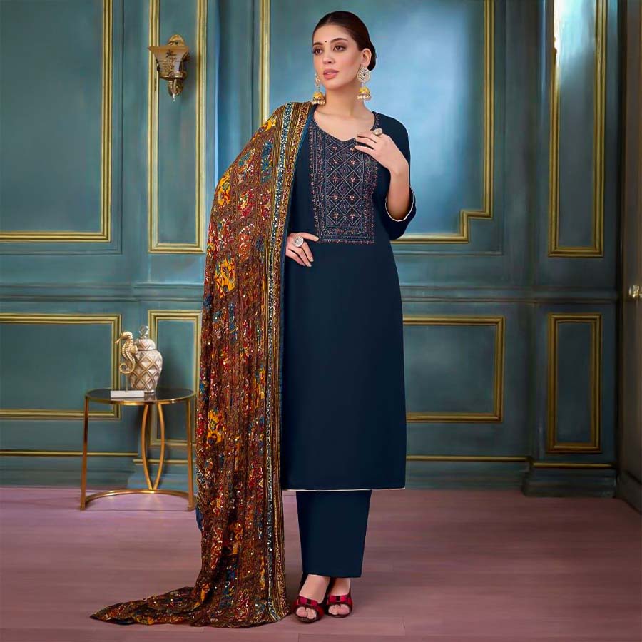Blue  Rayon Casual Wear Salwar Kameez