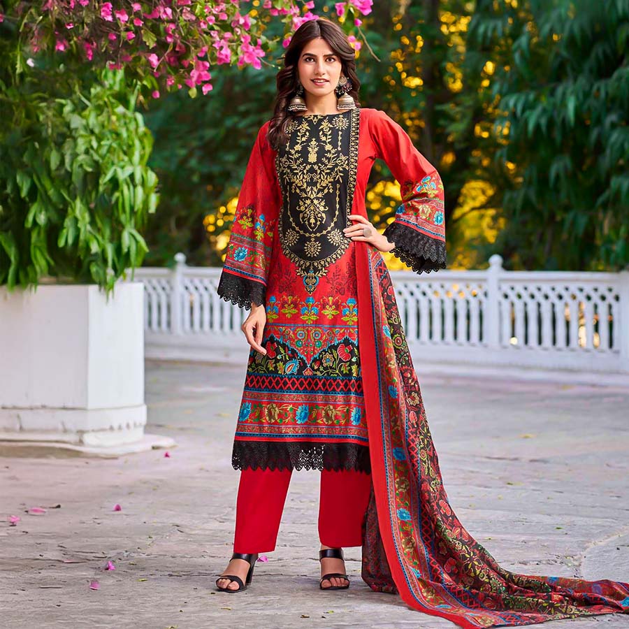 Red  Cotton Printed Salwar Kameez