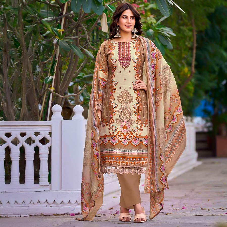 Brown Cotton Printed Salwar Kameez